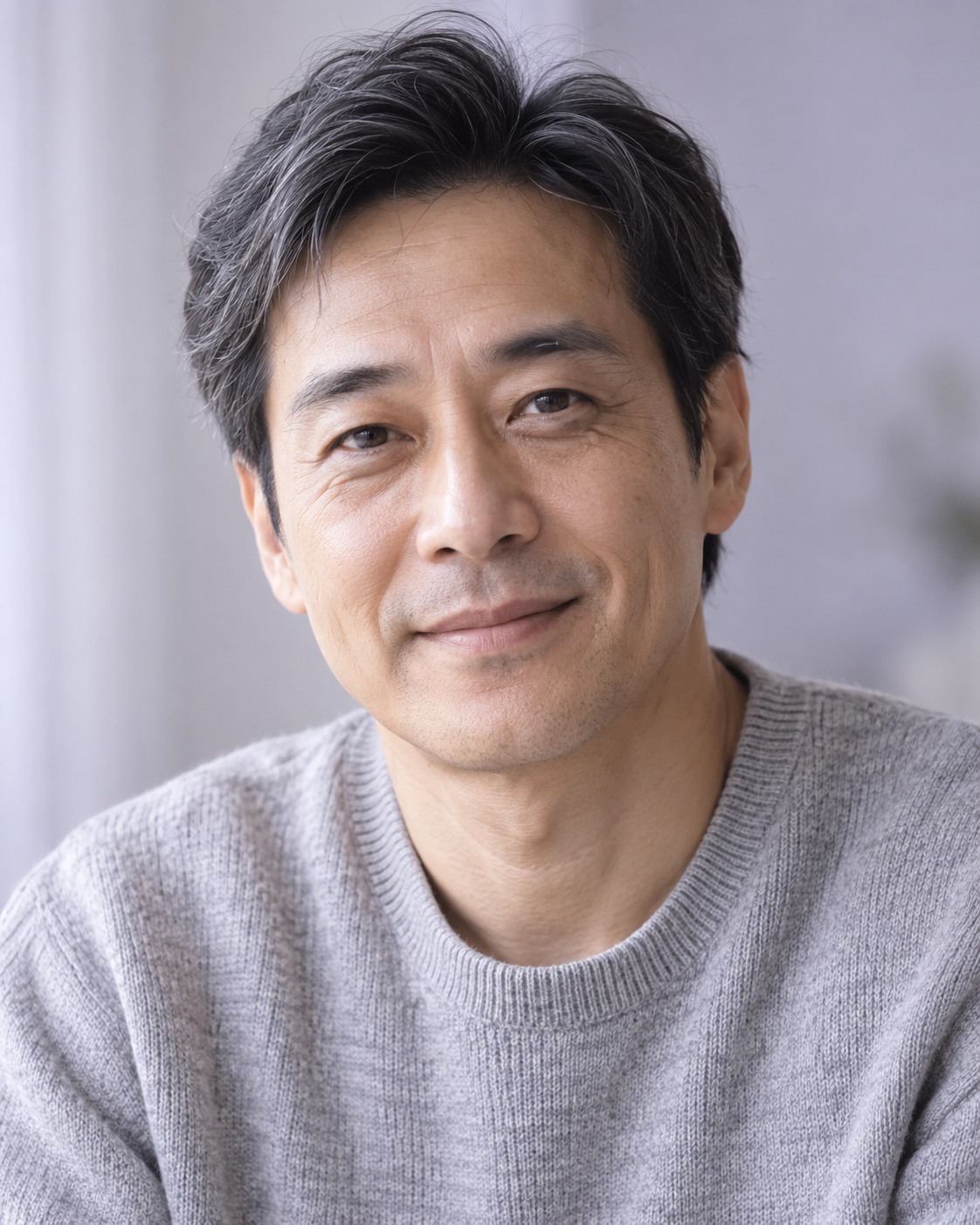 自在微笑的虛構成人男性，情境示意